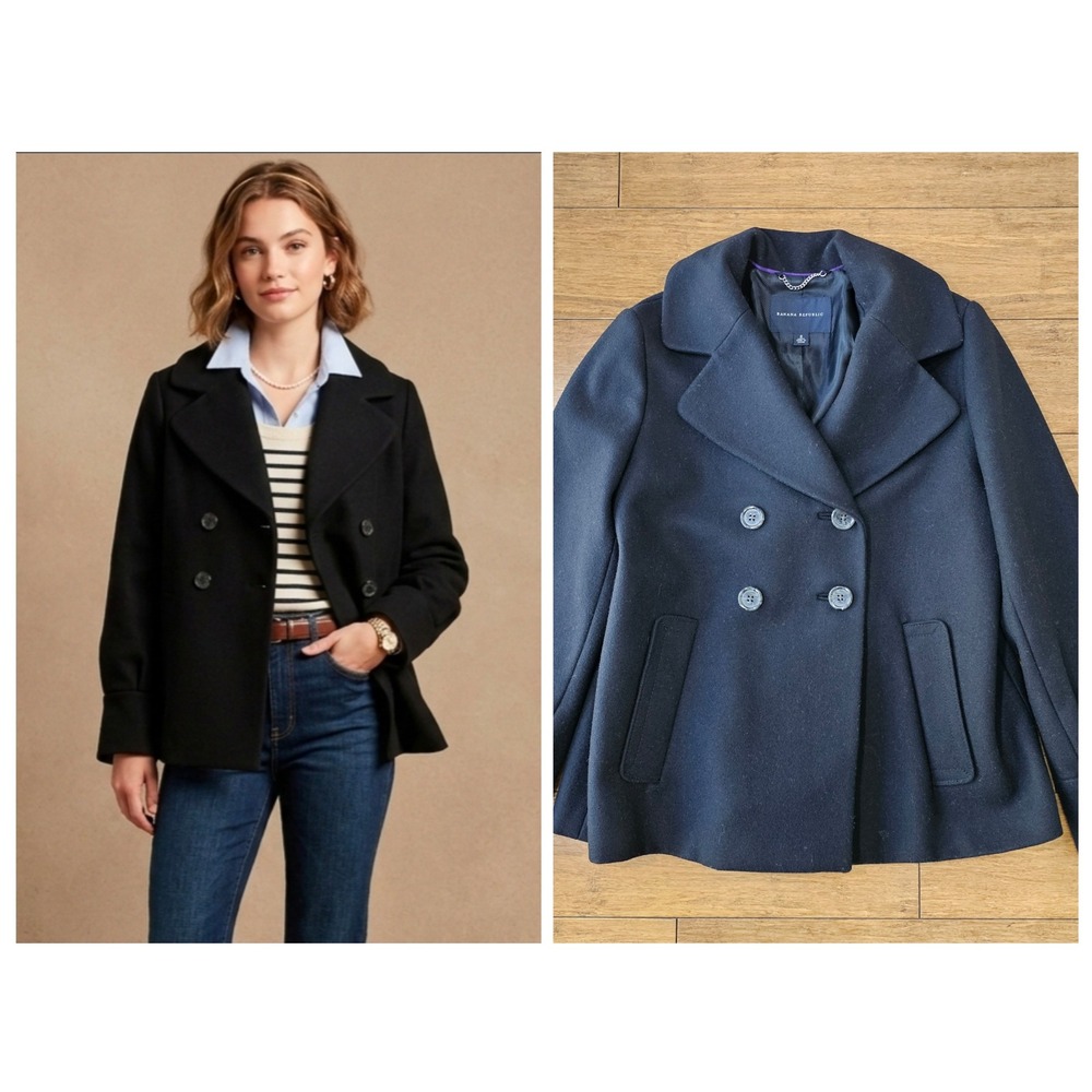 Banana Republic Pea Coat Women Sz Small Black Wool Blend Double Breasted Jacket